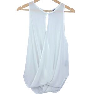 Simons Twik White Sheer Open wrap front & back gather bottom Sleeveless Top M